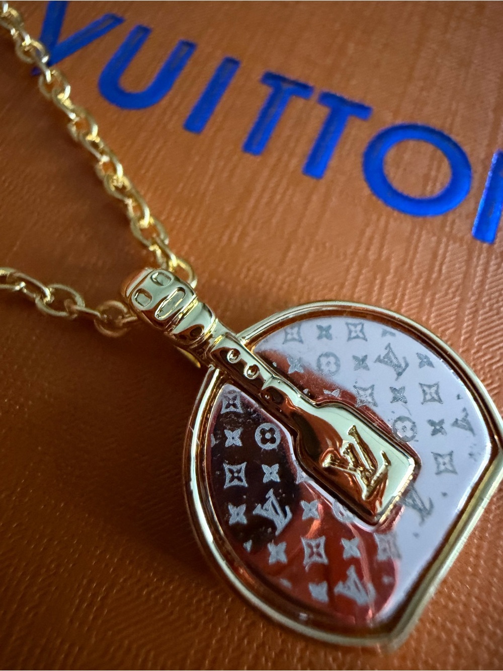 Unbranded Gold-tone Necklace with Pink Monogram Heart and Guitar Charm